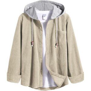 Men's Corduroy Shirt Hoody Long Sleeve Button Down Casual Stylish Jacket